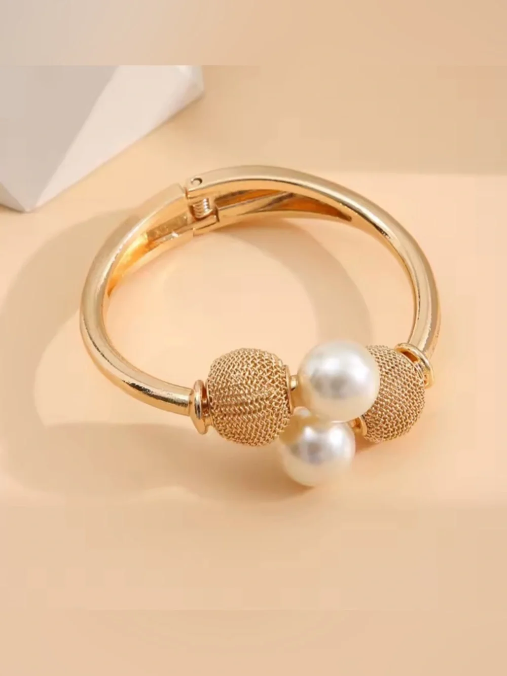 Gold-Tone Pearl Accent Hinged Bangle Bracelet - Picture 5 of 5
